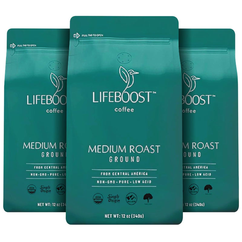 Lifeboost Coffee 3 Pack Medium Roast Ground Coffee - Low Acid Single Origin USDA Organic Coffee - Non-GMO Ground Coffee Third Party Tested For Mycotoxins & Pesticides - 12 Ounces - Image 1